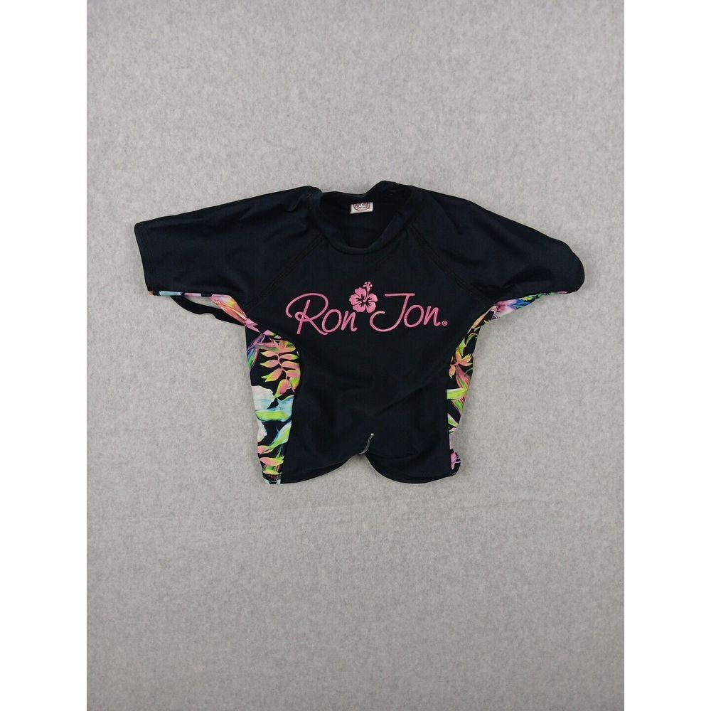 Ron Jon Surf Shop Rash Guard Youth Size 4 Tropical Print Black Short Sleeve EUC‎